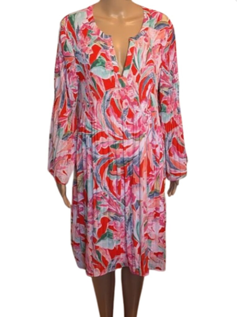 Sunny Leigh XL Pleated Floral Dress Boho Red Pink V-Neck Flowy Bell Sleeve